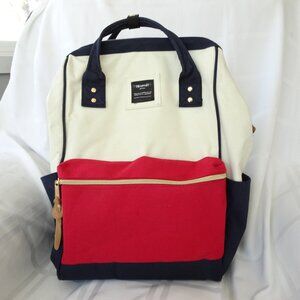 Himawari Red, White & Blue Canvas Laptop Backpack USB Port Inner Pockets